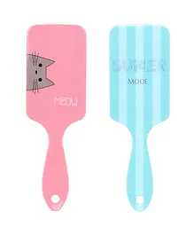 Cutecumber Pack Of 2 Cat Print Cushioned Paddle Hair Brushes - Pink And Blue