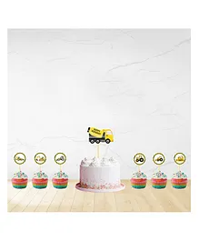 Untumble Construction Vehicle Themed Cake and Cup Cake Topper Set Yellow - Pack of 25