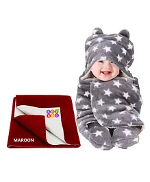 BeyBee New Born Babies Combo Blanket & Dry Sheet - Grey Maroon