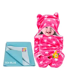 BeyBee New Born Babies Combo Blanket & Dry Sheet - Pink Sea Blue