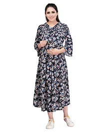 Mamma's Maternity Three Fourth Sleeves Floral Printed Maternity Dress - Navy Blue
