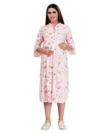 Mamma's Maternity Three Fourth Sleeves Butterfly Printed Maternity Dress - Pink