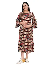 Mamma's Maternity Three Fourth Sleeves Checked Maternity Dress - Brown Pink