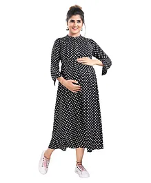 Mamma's Maternity Three Fourth Sleeves Polka Dot Printed Maternity Dress - Black