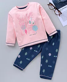 First Smile Full Sleeves Tee And Lounge Pant - Pink Blue