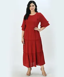 Aaruvi Ruchi Verma Three Fourth Sleeves Solid Colour Maternity Maxi Dress - Red