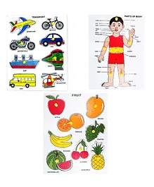 HNT Kids Transports Parts of the Body and Fruits Wooden Knob & Peg Puzzle Pack of 3 - Multicolor