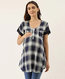 Goldstroms Half Sleeves Checkered Maternity Tunic - Navy Blue