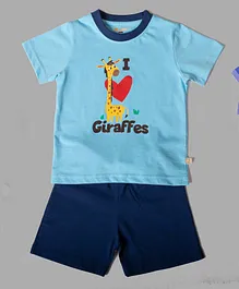 Lil' Roos Half Sleeves Giraffe Printed Tee & Shorts Set - Blue