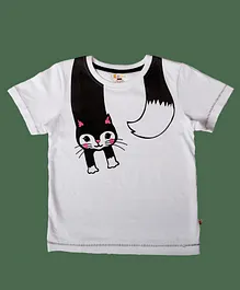 Lil' Roos Half Sleeves Cat Printed Tee - White