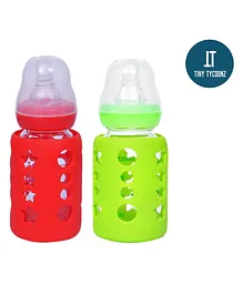 Tiny Tycoonz Premium Glass Feeding Bottle with Protective Warmer Pack of 2 Multicolor - 120 ml Each