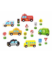 Tooky Toys Wooden Transportation & Street Sign Set 16 Pieces - Multicolour