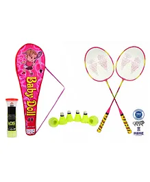 Legends of Sports Badminton Set of Rackets With Cover & Shuttlecocks Pink - Pack of 8