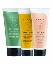 Arata Essential Morning Regime Combo With Facewash Face Serum-Cream & Toothpaste Pack of 3 - 150 ml, 100 ml, 100 ml