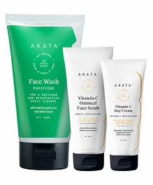 Arata Vitamin C Triple Action Morning Combo With Purifying Face Wash Vitamin C Oatmeal Scrub & Day Cream - 150 ml, 75 ml, 50 ml
