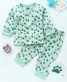 KandyFloss by Amul Full Sleeves Night Suit Paws Print - Green