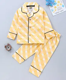 KandyFloss by Amul Full Sleeves Checked Night Suit Text Print - Orange