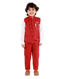 Alles Marche Full Sleeves Shirt With Brooch Embellished Waistcoat & Trousers - Red