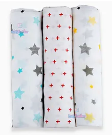 LazyToddler Organic Cotton Muslin Baby Swaddles Pack of 3 Star Print - White 