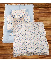 Mittenbooty Baby Quilt Bolster Bed Set with Frills Floral Print - Blue