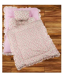 Mittenbooty Baby Quilt Bolster Bed Set with Frills Floral Print - Pink