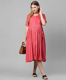 MomToBe Half Sleeves Solid Colour Maternity Dress - Pink