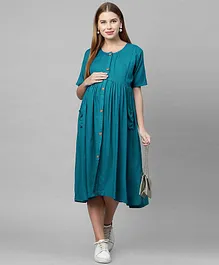 MomToBe Half Sleeves Solid Colour Maternity Dress - Blue