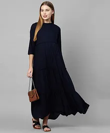 MomToBe Three Fourth Sleeves Solid Colour Maternity Dress - Navy Blue