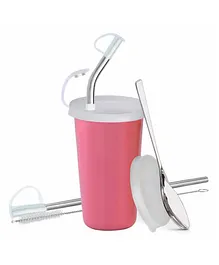 Falcon Stainless Steel Straw Tumbler With Accessories Pink - 370 ml