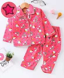Yellow Duck Full Sleeves Pyjama Set Unicorn Print - Pink