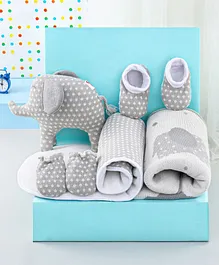 Babyhug Knitted Gift Set Elephant Print Pack Of 5 - Grey
