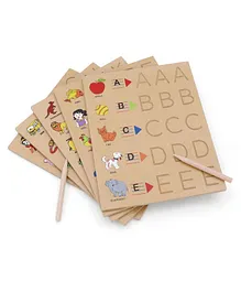 HILIFE Wooden English Uppercase Alphabets With Objects Tracing Board With Dummy Pencil Pack of 7 - Brown