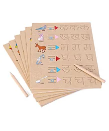 HILIFE Wooden Hindi Consonants With Objects Tracing Board With Dummy Pencil Pack of 8 - Brown