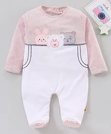 Brats And Dolls Full Sleeves Footed Sleepsuit Animal Embroidery - Pink White