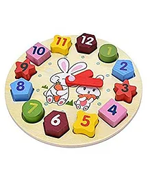 Fiddlys Wooden Shape Sorting Blocks and Teaching Clock With Numbers 12 Pieces - Multicolor