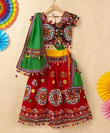 Banjara India Navratri Half Sleeves Kutchi Embroidered Choli With Lehenga & Dupatta - Red