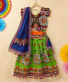 Banjara India Navratri Half Sleeves Kutchi Embroidered Choli With Lehenga & Dupatta - Green