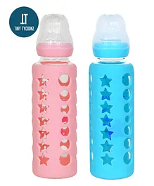 TINY TYCOONZ Premium Glass Feeding Bottle with Protective Warmer Pink Blue - 240 ml