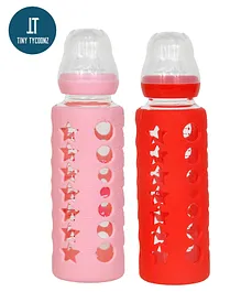 TINY TYCOONZ Premium Glass Feeding Bottle with Protective Warmer Pink Red - 240 ml