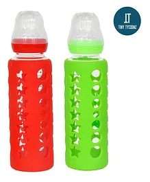 TINY TYCOONZ Premium Glass Feeding Bottle with Protective Warmer Red Green - 240 ml