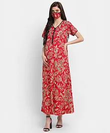 FASHIONABLY PREGNANT Half Sleeves Floral Print Feeding Nighty With Face Mask - Red