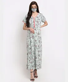 FASHIONABLY PREGNANT Half Sleeves Floral Print Feeding Nighty With Face Mask - Light Blue