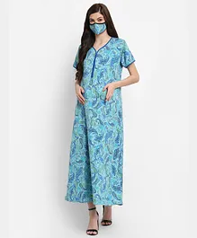 FASHIONABLY PREGNANT Half Sleeves Paisley Print Feeding Nighty With Face Mask - Blue