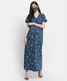 FASHIONABLY PREGNANT Half Sleeves Floral Print Feeding Nighty With Face Mask - Blue