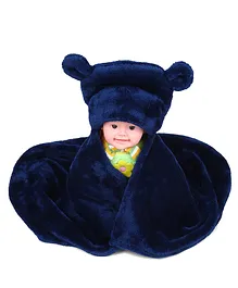 Bacati Plush Bear Ears Hooded Blanket - Blue