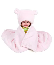 Bacati Plush Bear Ears Hooded Blanket - Pink