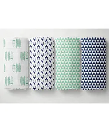 Bacati Muslin Swaddling Wrappers Buck Feathers Triangles Print Pack Of 4 - Green Blue