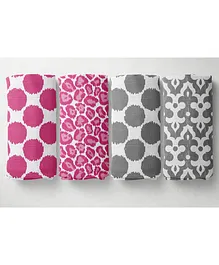 Bacati Muslin Swaddling Wrappers Ikat Round Pattern Print Pack Of 4 - Pink Grey