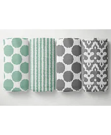 Bacati Muslin Swaddling Wrappers Ikat Round Pattern Print Pack Of 4 - Green Grey