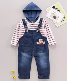 Little Kangaroos Full Sleeves Dungaree with Inner Tee Striped with Bear Patch - Red